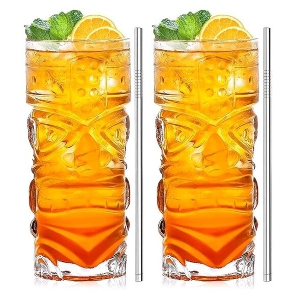 Clear Tiki Glasses Set of 2 - 14 Oz Cocktail Highball Glasses With Straws - Picture 2 of 5